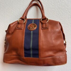 Tommy Hilfiger Brown Leather Satchel with Navy Stripe